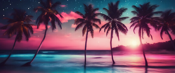 Fototapeta premium Sunset Serenity: HD Wallpapers of Crystal Clear Beach, Colorful Dream Sky, Universe Beyond, High Contrast, Saturated Colors, Palm Trees in Breeze, Dreamy Destination, Seascape Paradise.