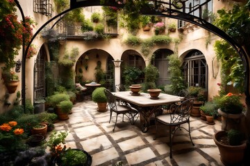 Fototapeta na wymiar serene image of a European courtyard, complete with a small fountain, potted plants, and a wrought-iron dining set under a pergola