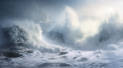 Blizzard in Winter with Furious White Waves. Wild water waves on the ocean in winter.