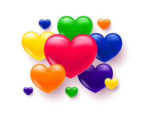 Background with heart. Multi-colored volumetric hearts in the colors of the LGBT pride rainbow. Texture for banner and postcard.