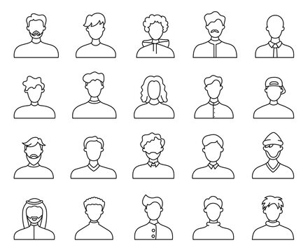 Men face avatars. Coloring Page. Unknown or anonymous person. Different male profile. Hand drawn style. Vector drawing. Collection of design elements.