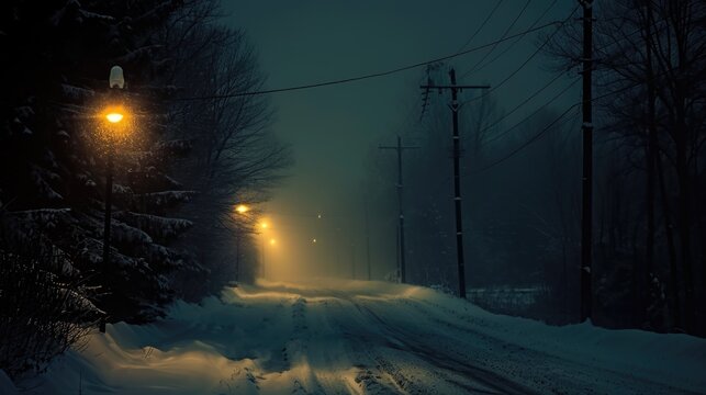 A picture of a snowy road at night illuminated by a street light. Perfect for winter-themed designs and concepts