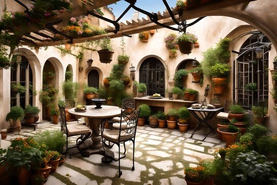  serene image of a European courtyard, complete with a small fountain, potted plants, and a wrought-iron dining set under a pergola