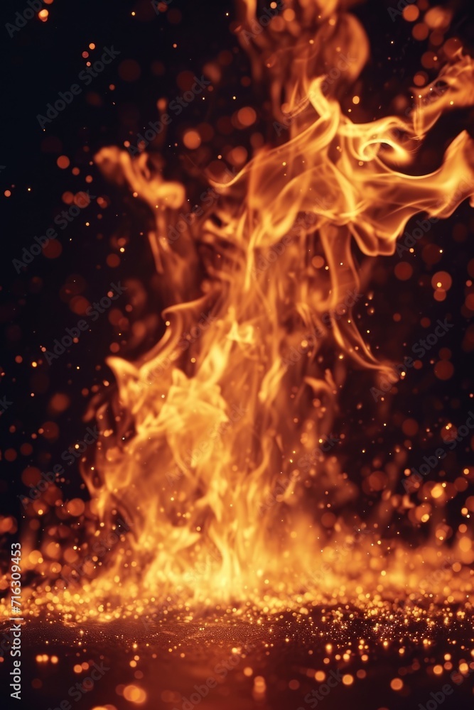 Poster fire burning brightly on a dark black surface. perfect for adding warmth and intensity to any design