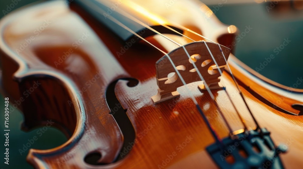 Poster close-up view of the strings on a violin. perfect for musicians, music education materials, or any p