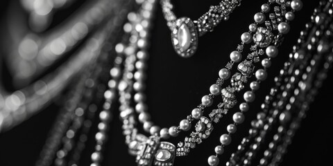 A photo showcasing a collection of necklaces in black and white. Perfect for fashion, jewelry, or accessory-related projects