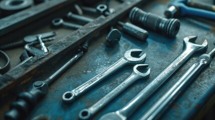 A collection of wrenches neatly arranged on a table. Suitable for industrial, construction, or DIY projects