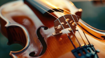 Close-up view of the strings on a violin. Perfect for musicians, music education materials, or any...