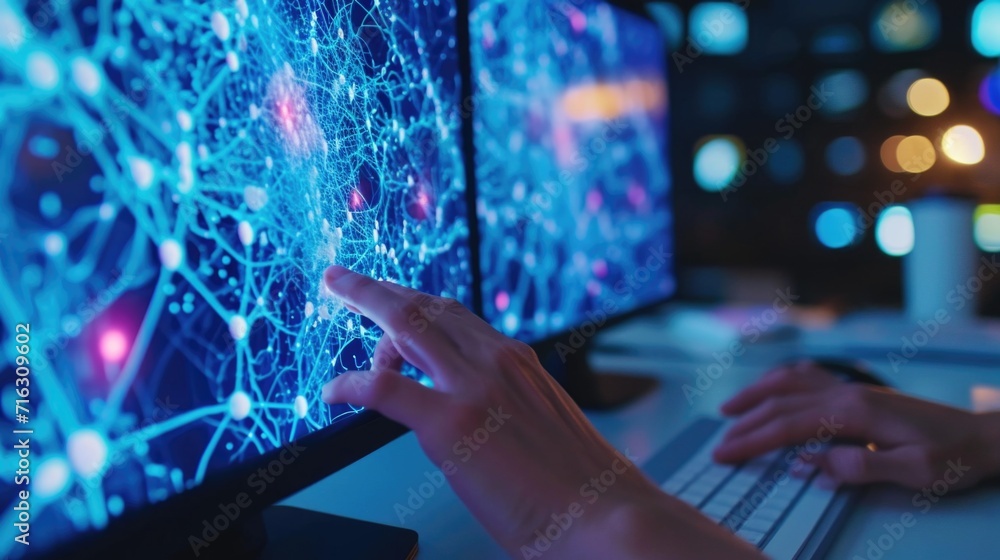 Poster person typing on a computer screen. suitable for technology, work, and communication concepts