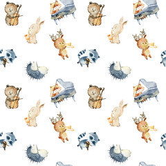 Watercolor forest seamless pattern with animals. Cute cartoon characters. Png. © Tapilipa