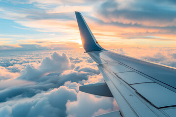 The image shows the wing of an airplane flying through the clouds at sunset.