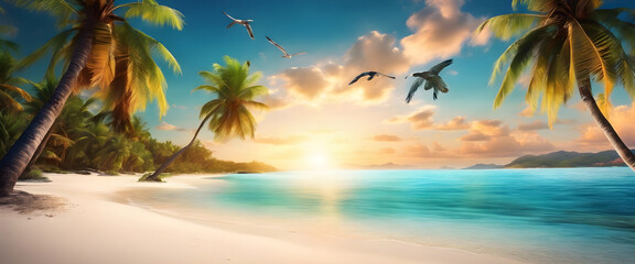 Fototapeta na wymiar Sunset Serenity: HD Wallpapers of Crystal Clear Beach, Colorful Dream Sky, Universe Beyond, High Contrast, Saturated Colors, Palm Trees in Breeze, Dreamy Destination, Seascape Paradise.