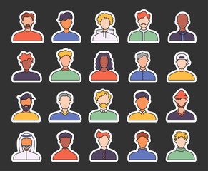 Men face avatars. Sticker Bookmark. Unknown or anonymous person. Different male profile. Hand drawn style. Vector drawing. Collection of design elements.