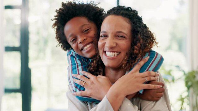 Laughing, face or mother with a happy child to hug in home for care, safety or love together to relax. Smile, bedroom or single parent mom with fun African kid for support or trust in a black family