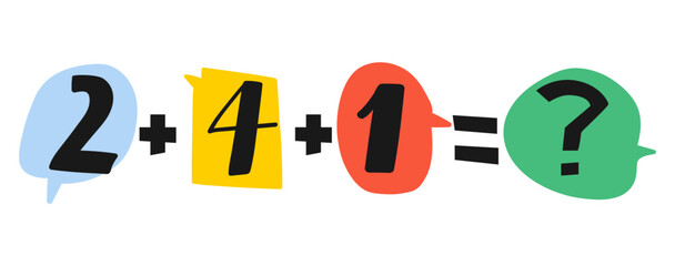 Two plus four plus one. Math problem for kids. Study mathematic. Vector illustration on white background.
