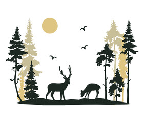 deer in high forest vector silhouette
