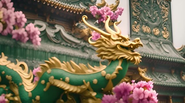 Chinese green and gold wooden texture dragon statue banner with flowers. Asian culture symbol of 2024 new year concept.