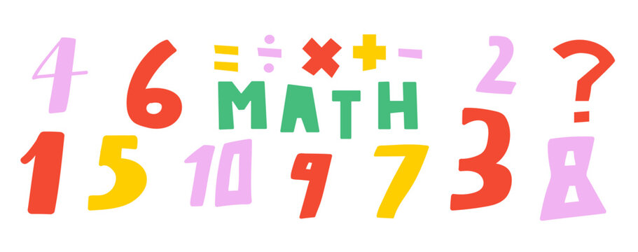 Math. Colorful numbers and symbols. Multiply, divide, add, subtract. Flat design. Vector illustration on white background.
