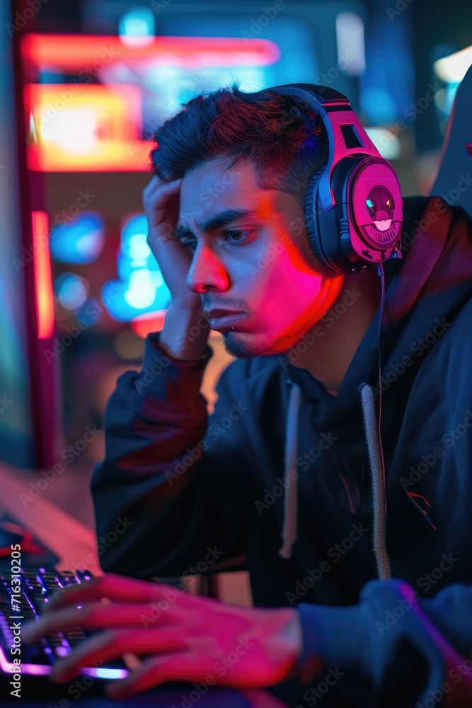 Poster a man is sitting in front of a computer wearing headphones. this image can be used to illustrate con