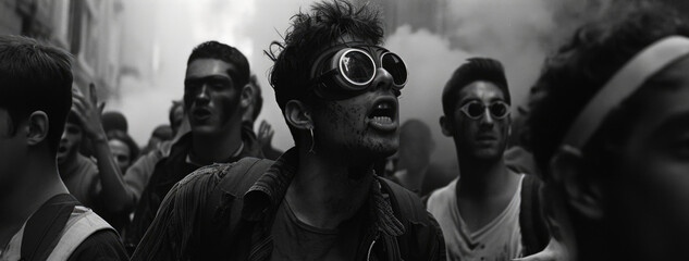 A black and white photo of a group of people wearing goggles. Suitable for various purposes