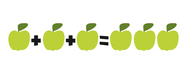 Arithmetic for children. Apples. Addition example. Flat design. Vector illustration on white background. - obrazy, fototapety, plakaty