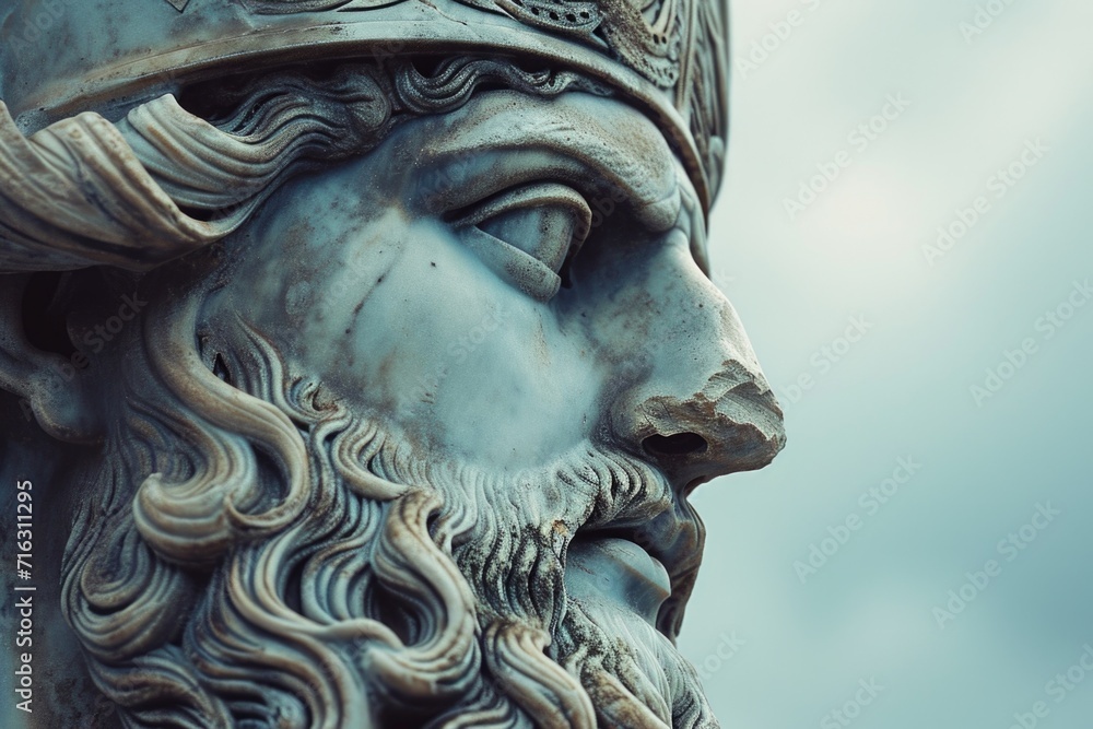 Poster a close up view of a statue depicting a bearded man. this image can be used for various purposes