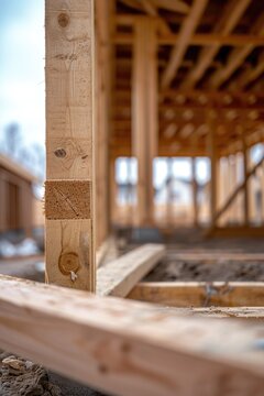 A detailed view of a wooden beam on a construction site. This image can be used to depict construction, building, architecture, or renovation projects