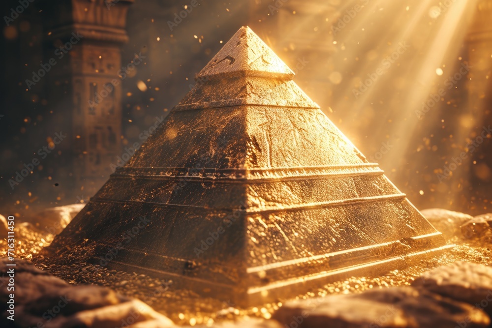 Poster a stunning golden pyramid with a clock tower in the background. perfect for adding a touch of luxury