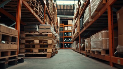 A warehouse filled with lots of boxes and pallets. Suitable for logistics, storage, and inventory concepts