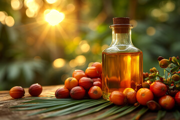 Palm oil in a clear glass bottle sits on a wooden table. - obrazy, fototapety, plakaty