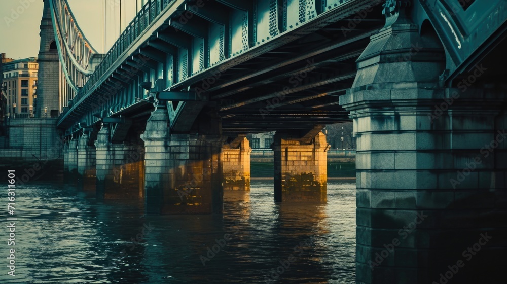 Poster a picture of a bridge spanning over a body of water with a tall building in the background. suitable