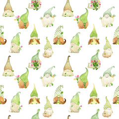 Watercolor seamless pattern with spring gnomes. Png.