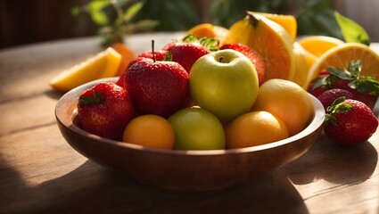 Naklejka na ściany i meble fresh fruit in a bowl, sunny day, generative ai