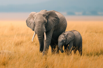 Fototapeta na wymiar An elephant with her cub, mother love and care in wildlife scene