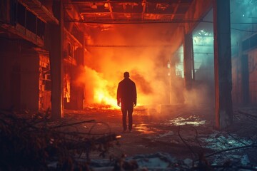 A man stands in front of a fire in a building. This image can be used to depict danger or emergency situations