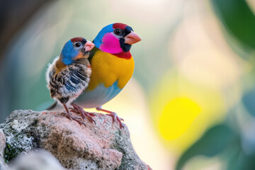 A Gouldian Finch with her cub, mother love and care in wildlife scene