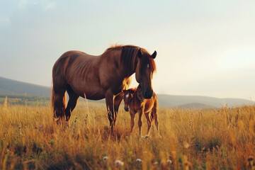 A horse with her cub, mother love and care in wildlife scene