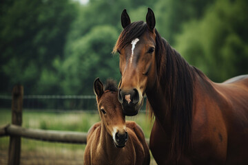 A horse with her cub, mother love and care in wildlife scene