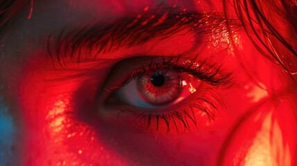 A close-up view of a person's eye illuminated with a vibrant red light. 