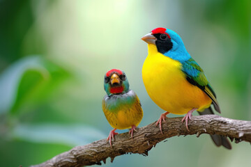 Obraz premium A Gouldian Finch with her cub, mother love and care in wildlife scene