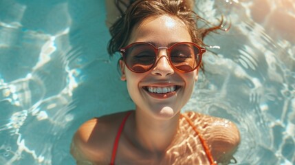 Fototapeta premium A woman wearing a red bikini and sunglasses relaxing in a pool. This image can be used to depict summer, vacation, relaxation, and leisure activities