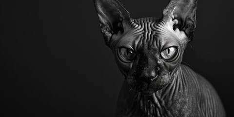 A black and white photo of a sphy cat. Suitable for various uses