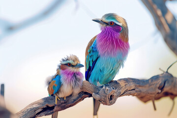 A Lilac-breasted Roller with her cub, mother loves and cares in wildlife scene
