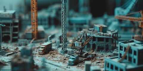 A miniature model of a construction site featuring a crane. This image can be used to depict construction, development, or planning concepts
