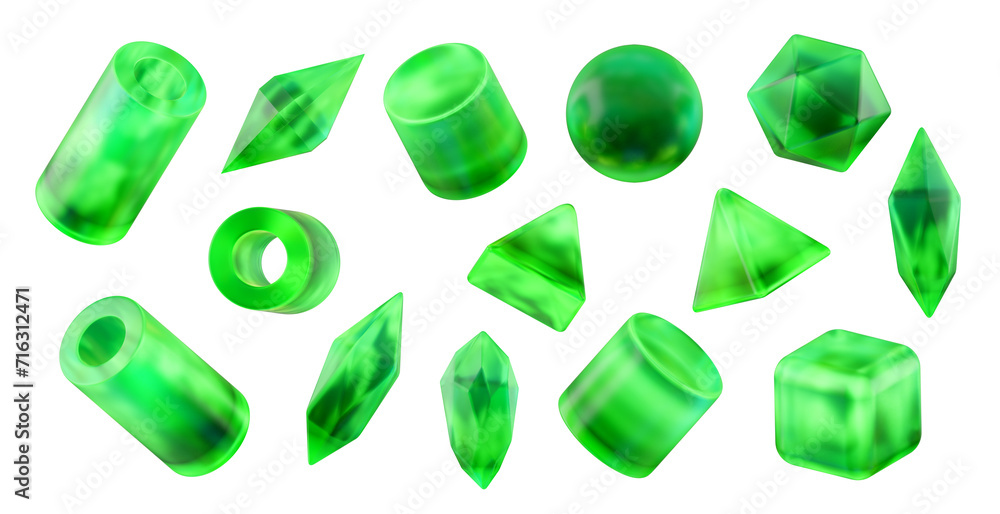 Poster green crystal geometry shape set isolated background 3d rendering