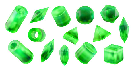 Green crystal geometry shape set isolated background 3d rendering without AI generated