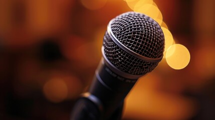A close-up view of a microphone with vibrant lights in the background. Perfect for capturing the energy and excitement of live performances.