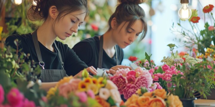 Two women are seen working together in a flower shop. This image can be used to depict teamwork, collaboration, and the floral industry