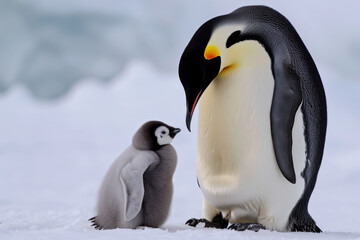 A penguin with her cub, mother love and care in wildlife scene