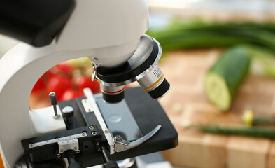 Microscope head on kitchen background vegetables concept nitrates